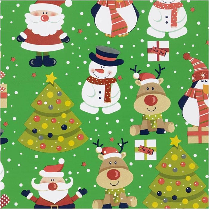 Gift wrap, Santa Claus, Christmas tree, Christmas present, reindeer, snowman and penguin, W: 50 cm, 80 g, green, 5 m/ 1 roll