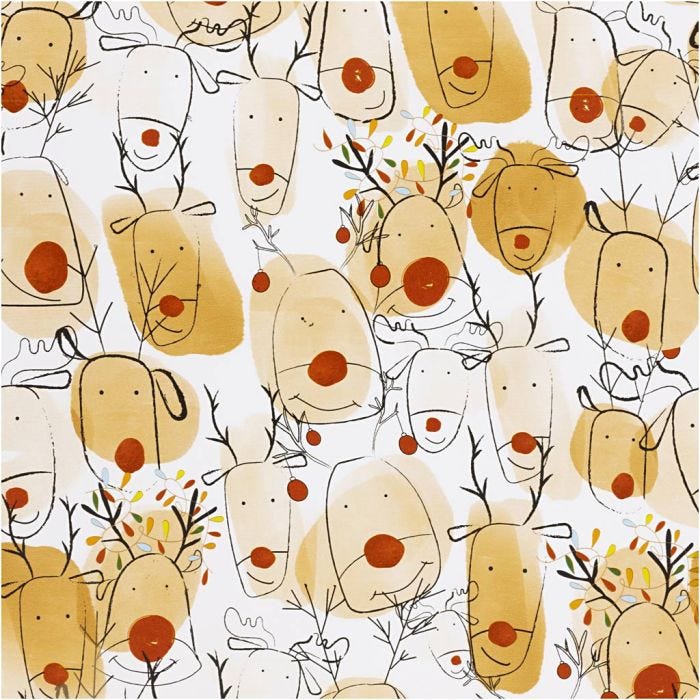 Gift wrap, Reindeer, W: 50 cm, 80 g, beige, red, 100 m/ 1 roll