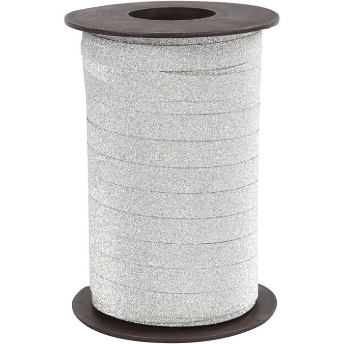 Curling Ribbon, W: 10 mm, glitter, silver, 100 m/ 1 pack