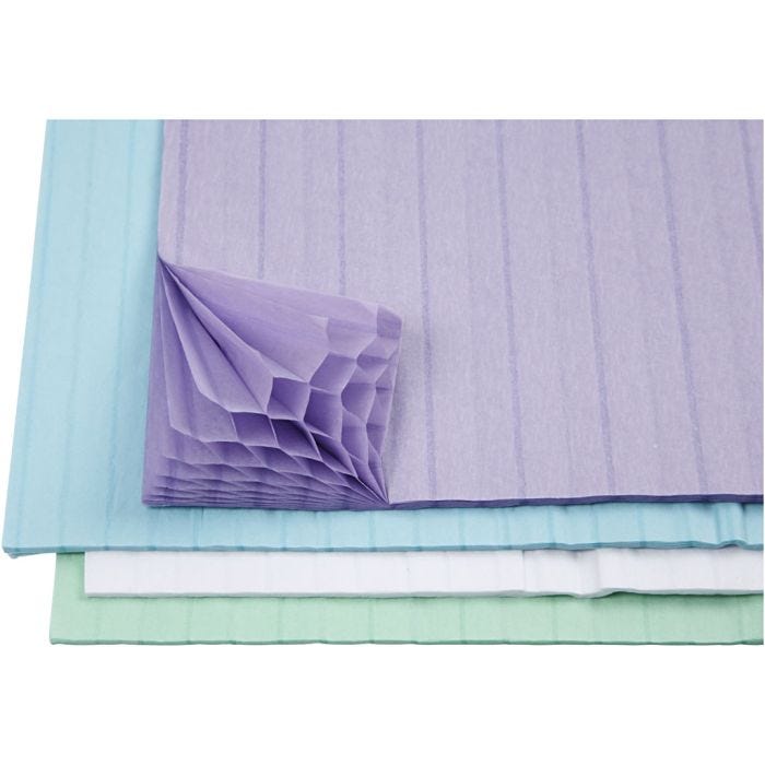 Honeycomb paper, sheet 28x17,8 cm, light blue, green, purple, white, 4x2 sheet/ 1 pack