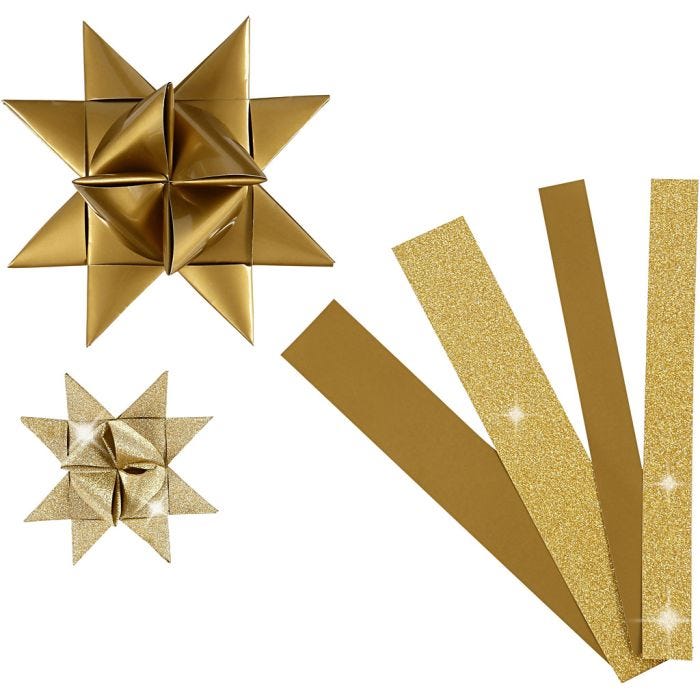 Paper Star Strips, L: 44+78 cm, W: 15+25 mm, dia. 6,5+11,5 cm, glitter,varnish, gold, 40strips/ 1 pack