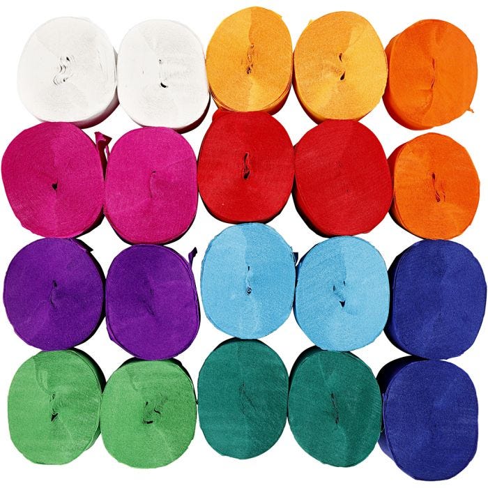 Crepe Paper Rolls, L: 20 M, W: 5 cm, 22 g, assorted colours, 20 roll/ 1 pack