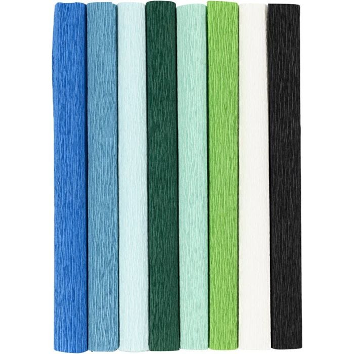 Crepe Paper, sheet 25x60 cm, Crêpe ratio: 180%, 105 g, blue/green harmony, 8 sheet/ 1 pack