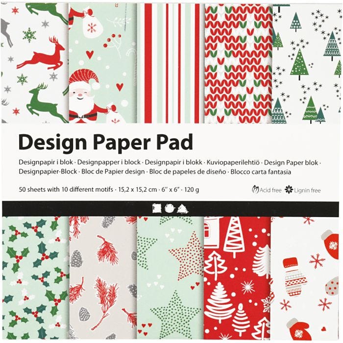 Design Paper Pad, sheet 15,2x15,2 cm, 120 g, green, red, white, 50 sheet/ 1 pack