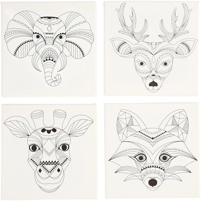 Stretched Canvas With Print, animals, size 20x20 cm, 280 g, white, 4 pc/ 1 pack