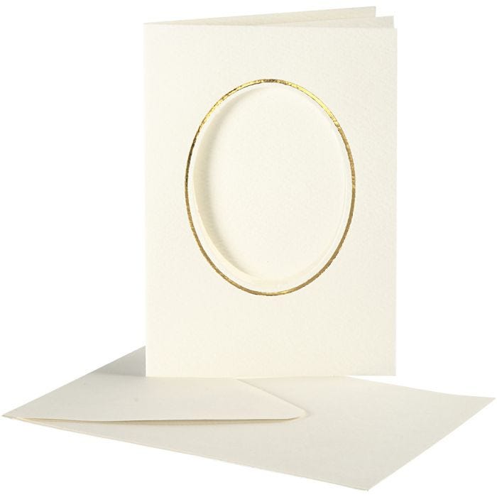 Passepartout Card, oval with gold border, card size 10,5x15 cm, envelope size 11,5x16,5 cm, off-white, 10 set/ 1 pack