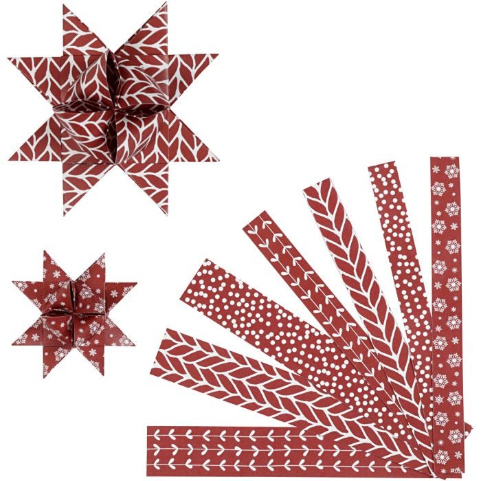 Paper Star Strips, L: 44+78 cm, dia. 6,5+11,5 cm, W: 15+25 mm, red, white, 60 strips/ 1 pack