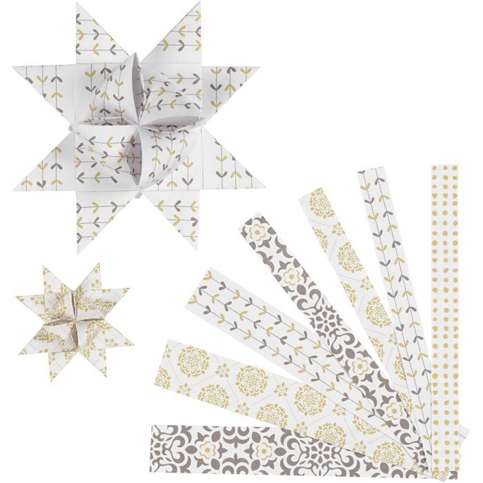 Paper Star Strips, L: 44+78 cm, dia. 6,5+11,5 cm, W: 15+25 mm, gold, white, 48 strips/ 1 pack