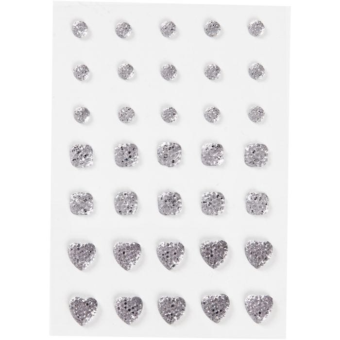 Rhinestones, round, square, heart, size 6+8+10 mm, silver, 35 pc/ 1 pack