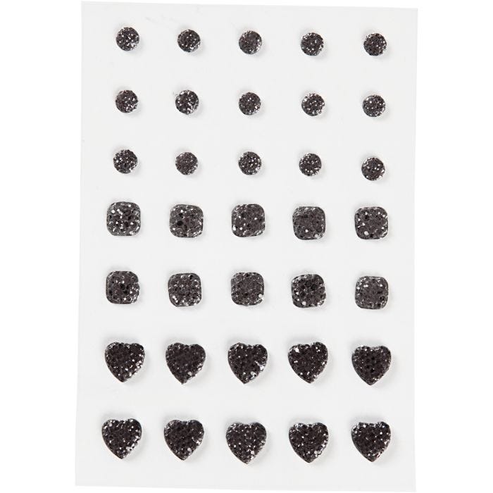 Rhinestones, round, square, heart, size 6+8+10 mm, black, 35 pc/ 1 pack