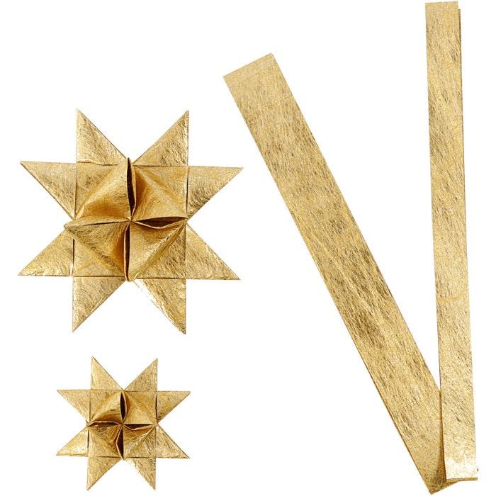 Paper star strips, L: 44+78 cm, dia. 6,5+11,5 cm, W: 15+25 mm, gold, 32 strips/ 1 pack
