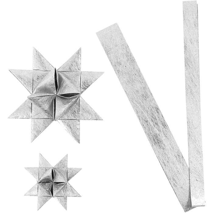 Paper star strips, L: 44+78 cm, W: 15+25 mm, dia. 6,5+11,5 cm, silver, 32 strips/ 1 pack