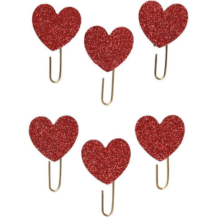 Metal Paperclips, hearts, dia. 30 mm, red glitter, 6 pc/ 1 pack