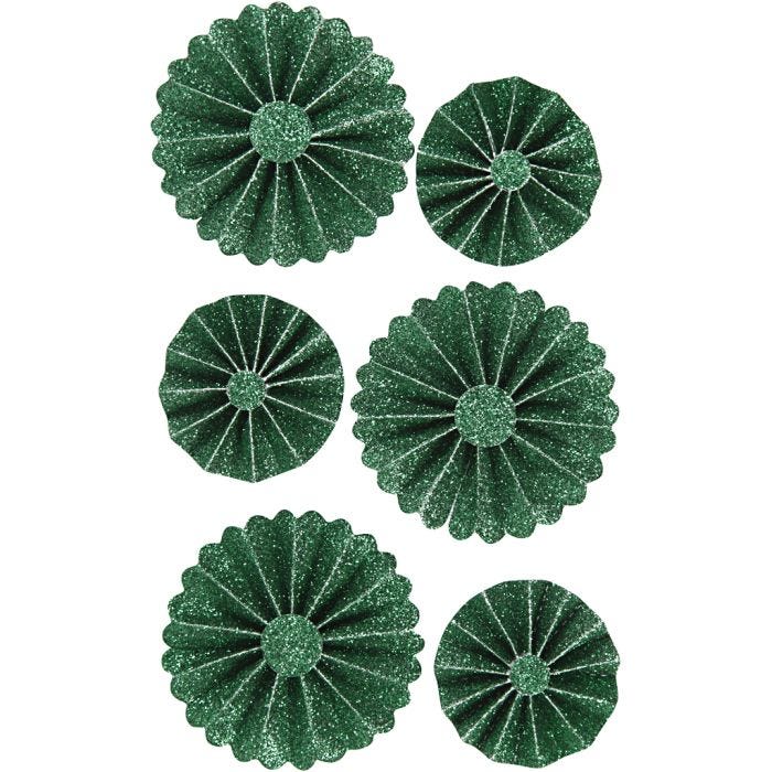 Paper Rosettes, dia. 35+50 mm, green glitter, 6 pc/ 1 pack