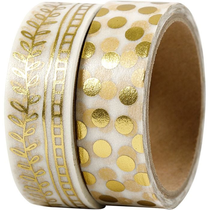 Washi Tape, rake and dots - foil, W: 15 mm, gold, 2x4 m/ 1 pack