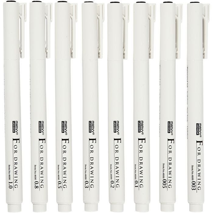 Fine Line Drawing Markers, line 0,03+0,05+0,1+0,2+0,3+0,5+0,8+1,0 mm, black, 8 pc/ 1 pack