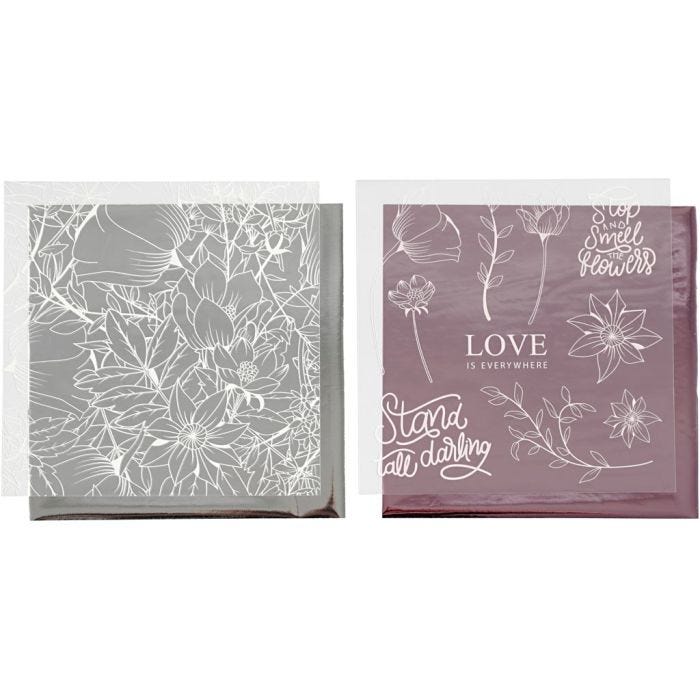 Deco Foil and transfer sheet, flowers, sheet 15x15 cm, rose, silver, 4 sheet/ 1 pack