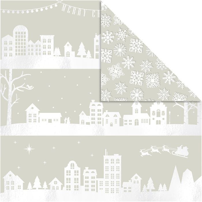 Designpaper, houses and snowflake, sheet 30,5x30,5 cm, 180 g, 3 sheet/ 1 pack