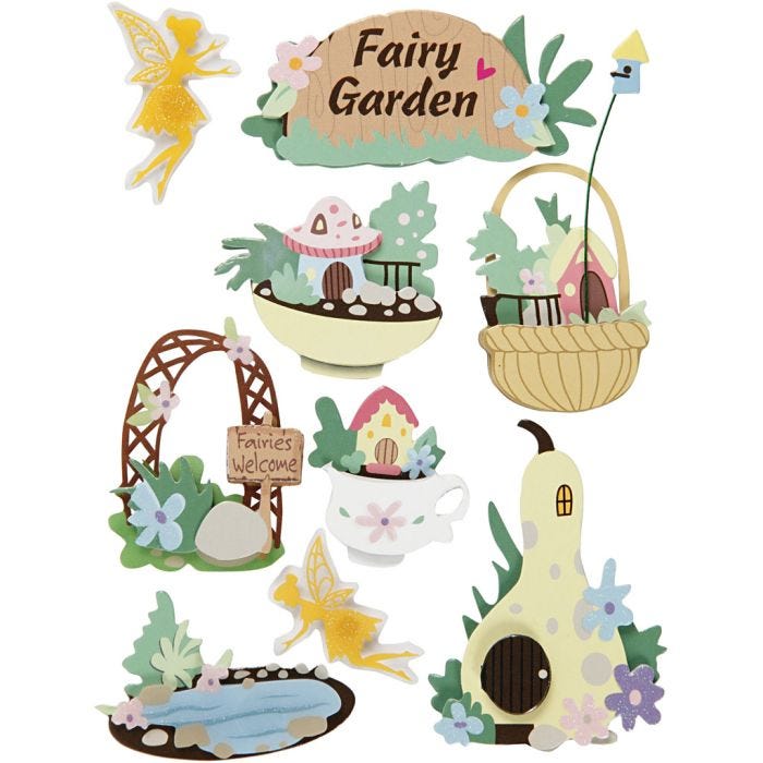 3D Stickers, fairy-garden, H: 32-64 mm, W: 30-55 mm, thickness 7 mm, 9 pc/ 1 pack