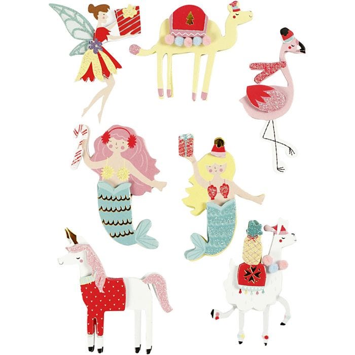 3D Stickers, flamingo, llama, mermaid, H: 50-60 mm, W: 30-45 mm, thickness 7 mm, 7 pc/ 1 pack