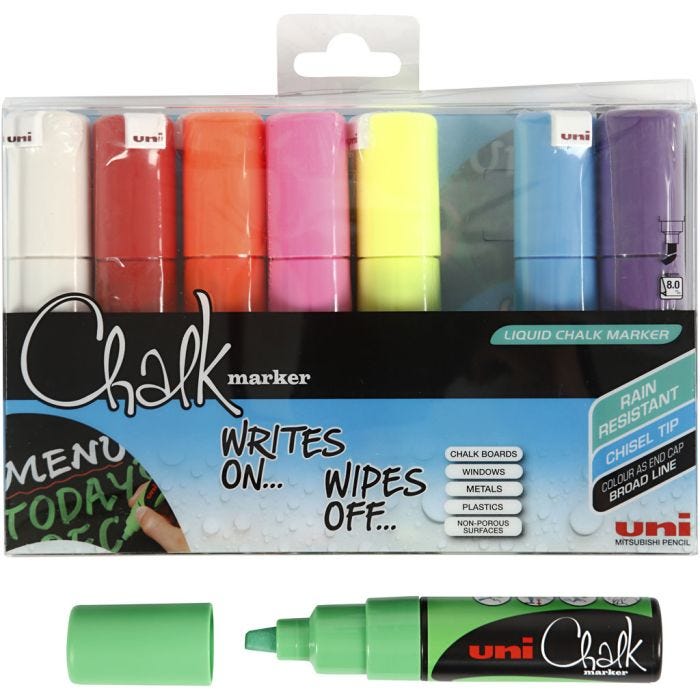 Chalk Pen, line 8 mm, assorted colours, 8 pc/ 1 pack