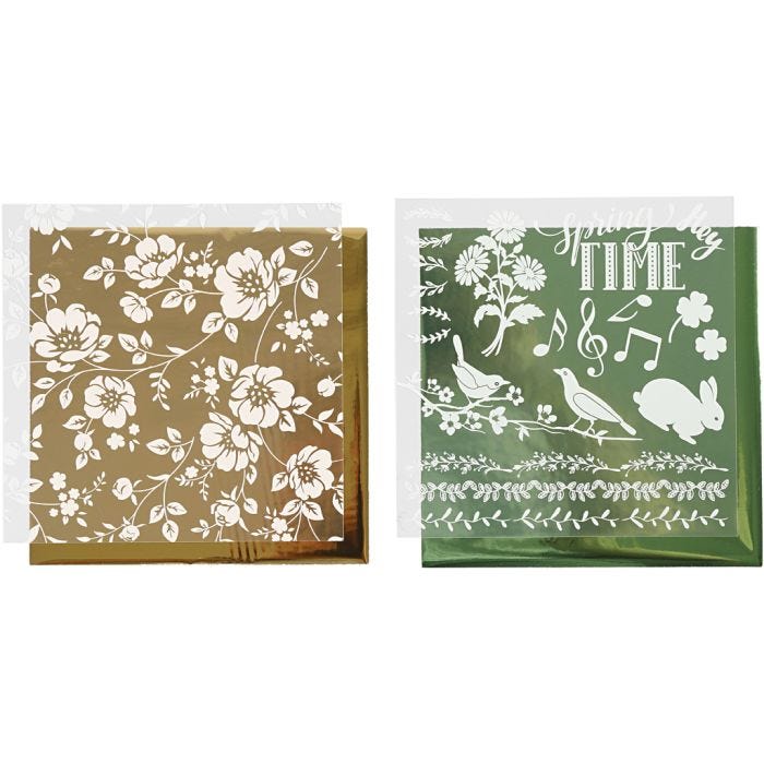 Deco Foil and transfer sheet, flowers, sheet 15x15 cm, gold, green, 2x2 sheet/ 1 pack