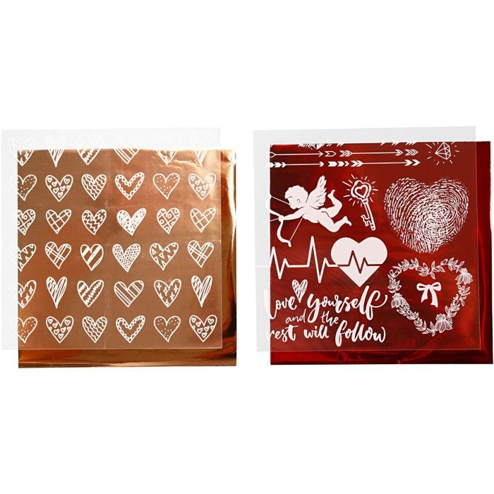 Deco Foil and transfer sheet, hearts and love, sheet 15x15 cm, red, 2x2 sheet/ 1 pack