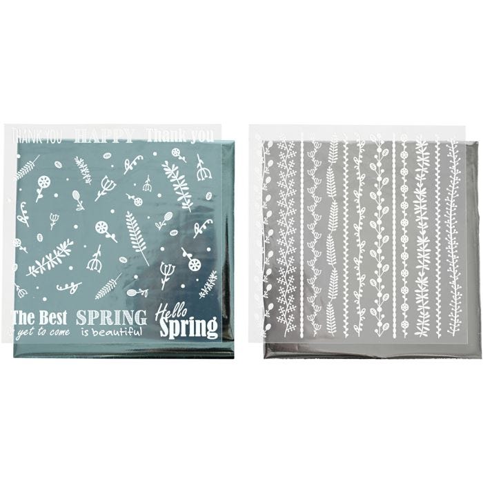 Deco Foil and transfer sheet, Spring flowers, sheet 15x15 cm, silver, turquoise, 2x2 sheet/ 1 pack