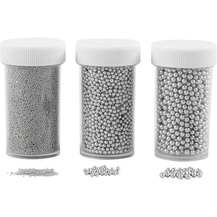 Mini Glass Beads, size 0,6-0,8+1,5-2+3 mm, silver, 3x45 g/ 1 pack