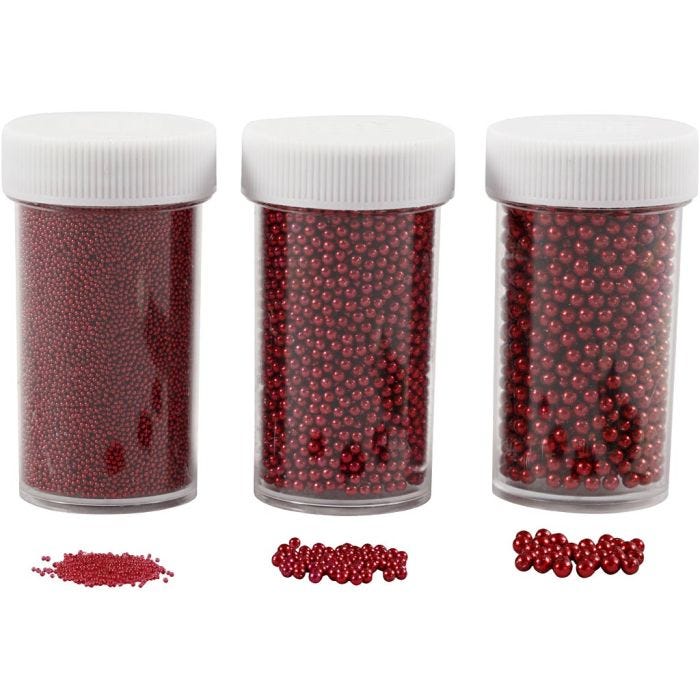 Mini Glass Beads, size 0,6-0,8+1,5-2+3 mm, red, 3x45 g/ 1 pack