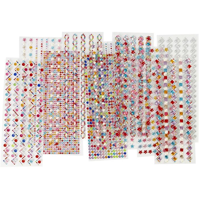 Rhinestones, dia. 2-10 mm, sheet 27x9 cm, Content may vary , 12 ass sheets/ 1 pack