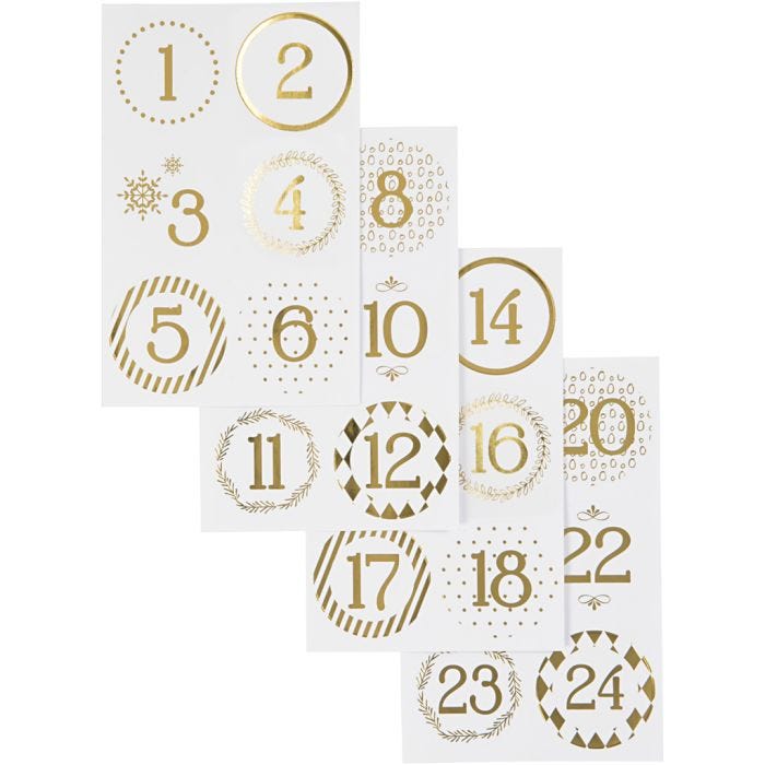Christmas calendar number stickers, dia. 40 mm, sheet 9x14 cm, gold, white, 4 sheet/ 1 pack