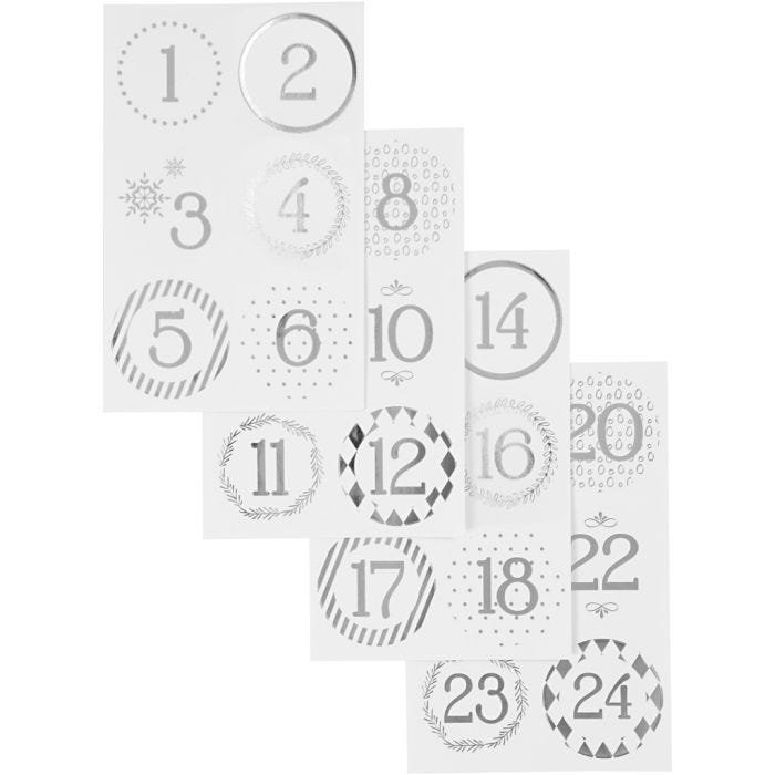 Christmas calendar number stickers, dia. 40 mm, sheet 9x14 cm, silver, white, 4 sheet/ 1 pack
