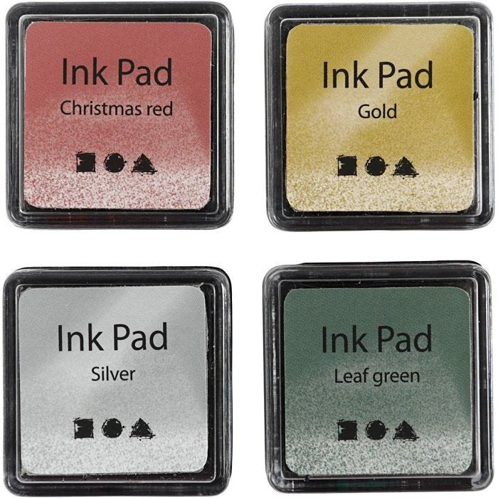 Ink Pad, H: 2 cm, size 3,5x3,5 cm, gold, leaf green, christmas red, silver, 4 pc/ 1 pack