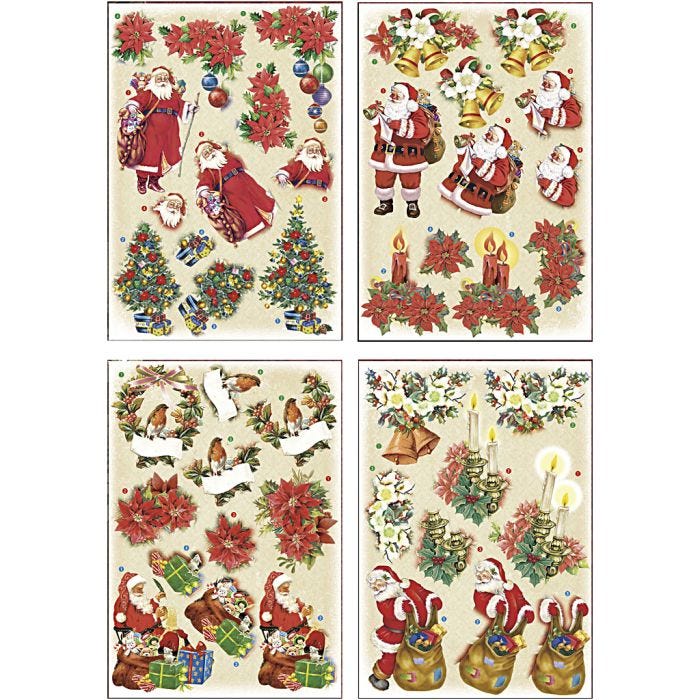 3D Decoupage Motifs, Father Christmas and Poinsettias, sheet 21x30 cm, 4 sheet/ 1 pack