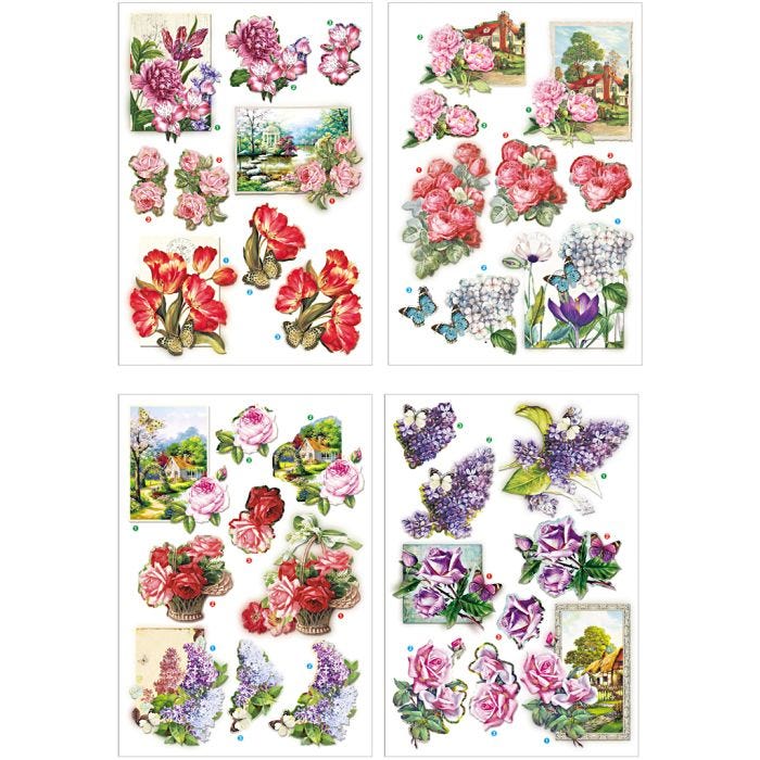 3D Decoupage Motifs, flowers and butterflies, sheet 21x30 cm, 4 sheet/ 1 pack