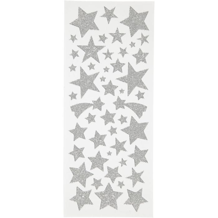 Glitter Stickers, stars, sheet 10x24 cm, silver, 2 sheet/ 1 pack