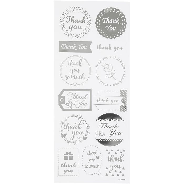 Stickers, thank you, sheet 10x24 cm, silver, 1 sheet