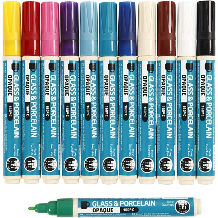 Glass and porcelain marker, line 2-4 mm, opaque, assorted colours, 12 pc/ 1 pack