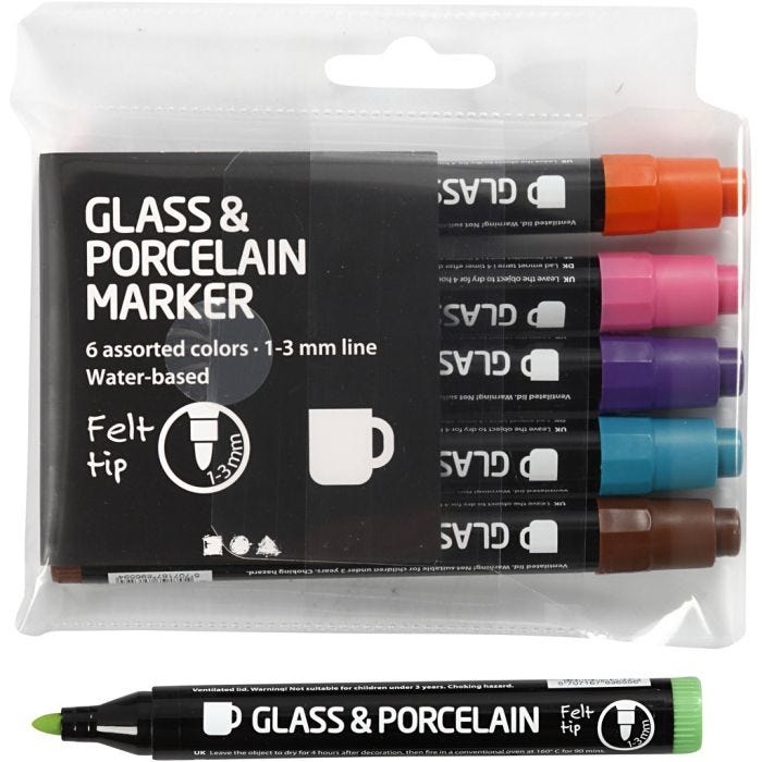 Glass and Porcelain Markers, line 1-3 mm, semi opaque, additional colours, 6 pc/ 1 pack