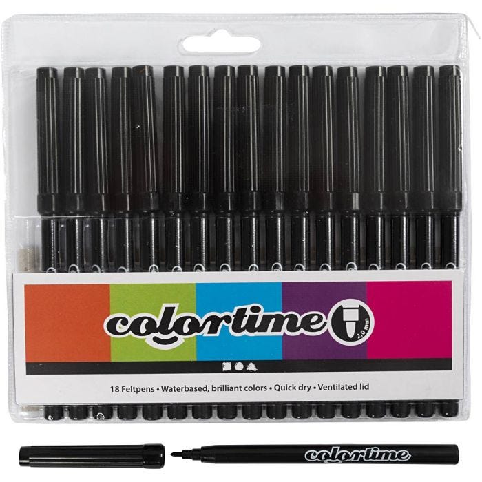 Colortime Markers, line 2 mm, black, 18 pc/ 1 pack