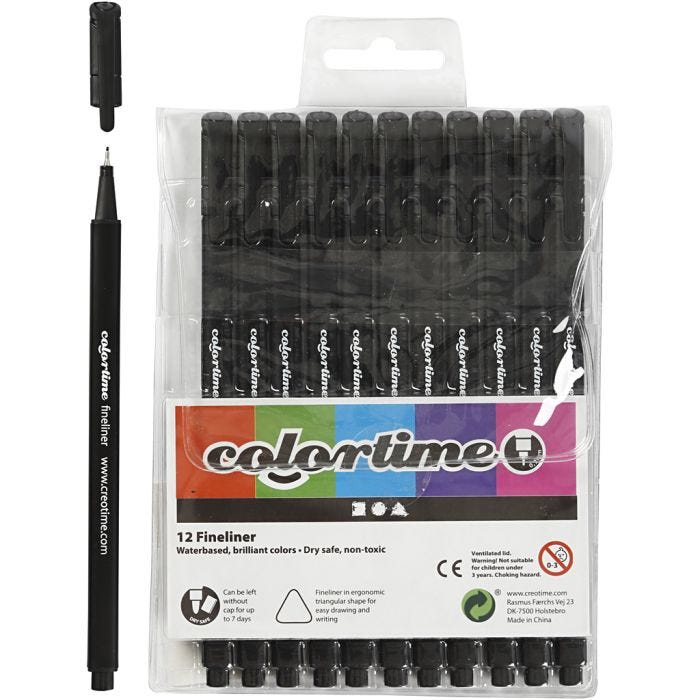 Colortime Fineliner Markers, line 0,6-0,7 mm, black, 12 pc/ 1 pack