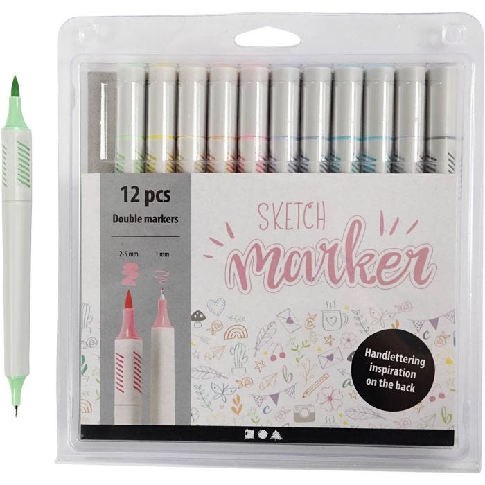Sketch markers, line 1+2-5 mm, pastel colours, 12 pc/ 1 pack
