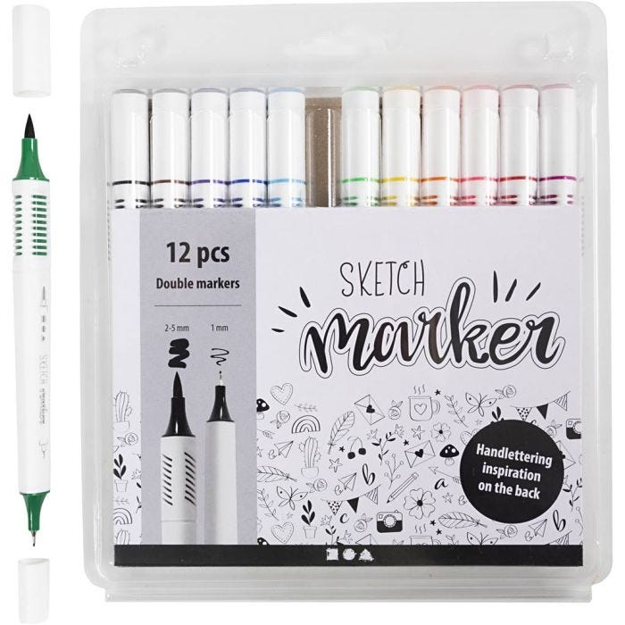 Sketch markers, line 1+2-5 mm, standard colours, 12 pc/ 1 pack