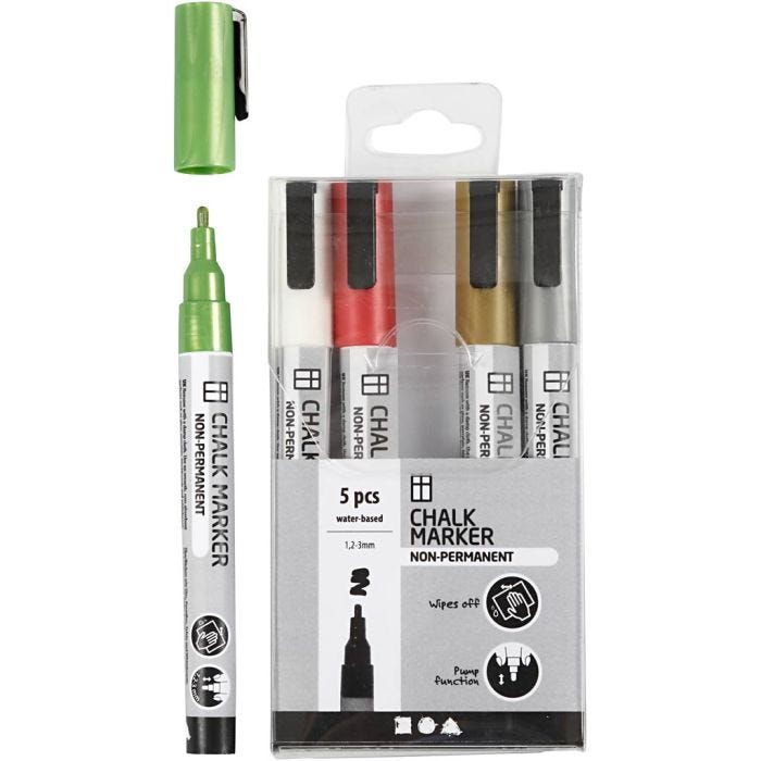 Chalk Markers, line 1,2-3 mm, metallic colours, 5 pc/ 1 pack