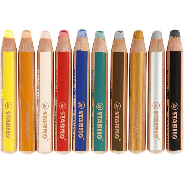 Woody 3-in-1 Pencils, L: 11 cm, thickness 16 mm, lead 10 mm, assorted colours, 10 pc/ 1 pack