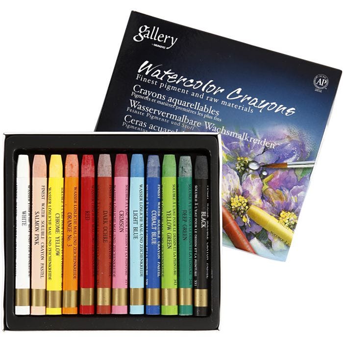 Watercolor Crayons, L: 9,3 cm, assorted colours, 12 pc/ 1 pack