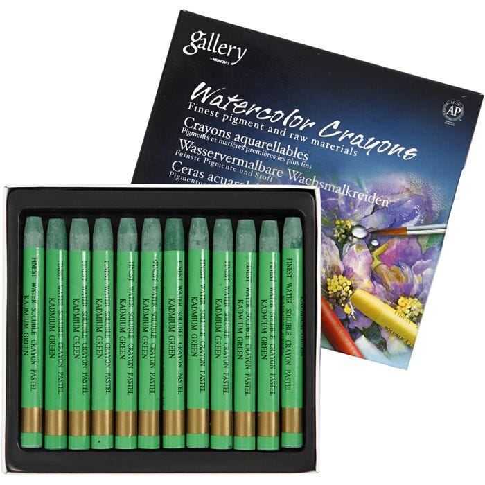 Watercolor Crayons, L: 9,3 cm, thickness 8 mm, kadmium green (345), 12 pc/ 1 pack
