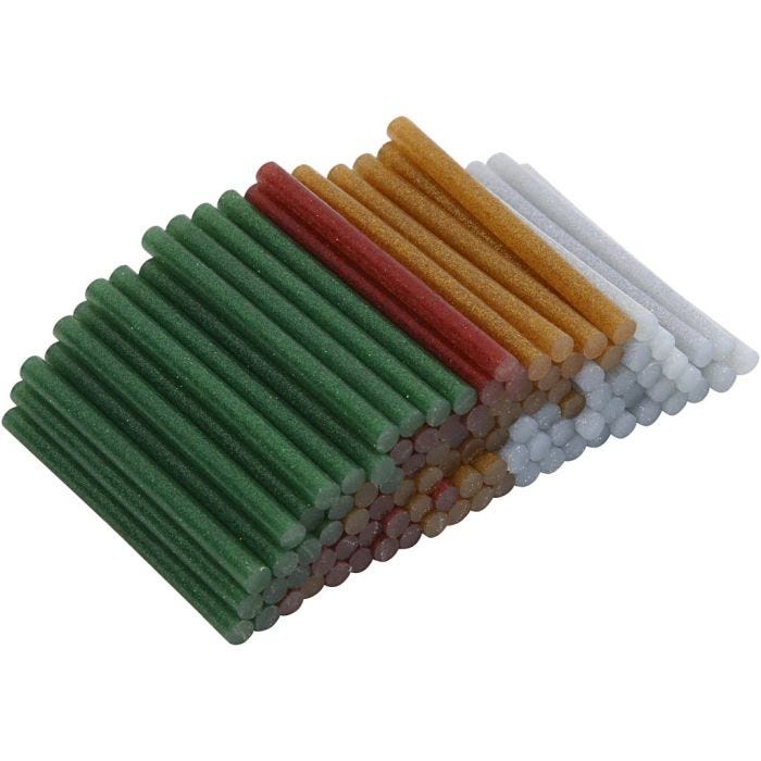 Glue Sticks Mini, L: 10 cm, dia. 7 mm, glitter, gold, green, red, silver, 100 pc/ 1 pack
