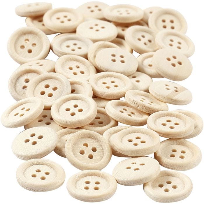 Wooden Buttons, dia. 15 mm, 4 holes, 50 pc/ 1 pack
